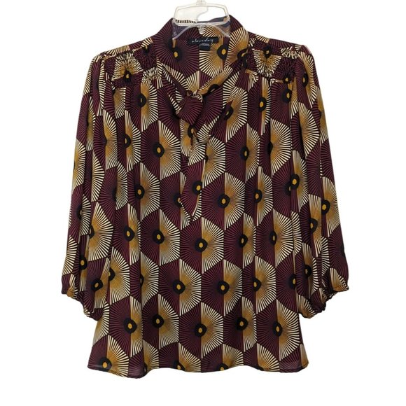 A Love Story Tops - A Love Story 3/4" sleeve geometry burgundy yellow career pull over top XL‎
